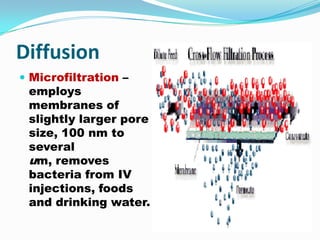 Diffusion
 Microfiltration –
 employs
 membranes of
 slightly larger pore
 size, 100 nm to
 several
 um, removes
 bacteria from IV
 injections, foods
 and drinking water.
 