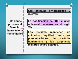 ¿De dónde
proviene el
Derecho
internacional
humanitario?
Las antiguas civilizaciones y
guerras
La codificación del DIH a nivel
universal comenzó en el siglo
XIX.
Los Estados mantienen un
cuidadoso equilibrio entre las
preocupaciones de carácter
humanitario y las exigencias
militares de los Estados.
 
