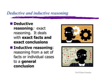 Prof Elaine Ferneley
Deductive and inductive reasoning
 Deductive
reasoning: exact
reasoning. It deals
with exact facts and
exact conclusions
 Inductive reasoning:
reasoning from a set of
facts or individual cases
to a general
conclusion
 