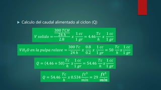  Calculo del caudal alimentado al ciclon (Q)
𝑉 𝑠𝑜𝑙𝑖𝑑𝑜 =
300 𝑇𝐶𝐻
24 ℎ
2.8
𝑥
1 𝑐𝑐
1 𝑔𝑟
= 4.46
𝑇𝑐
ℎ
𝑥
1 𝑐𝑐
1 𝑔𝑟
𝑉𝐻2 𝑂 𝑒𝑛 𝑙𝑎 𝑝𝑢𝑙𝑝𝑎 𝑟𝑒𝑙𝑎𝑣𝑒 =
300 𝑇𝑐
24 ℎ
𝑥
0.8
0.2
𝑥
1 𝑐𝑐
1 𝑔𝑟
= 50
𝑇𝑐
ℎ
𝑥
1 𝑐𝑐
1 𝑔𝑟
𝑄 = 4.46 + 50
𝑇𝑐
ℎ
𝑥
1 𝑐𝑐
1 𝑔𝑟
= 54.46
𝑇𝑐
ℎ
𝑥
1 𝑐𝑐
1 𝑔𝑟
𝑄 = 54.46
𝑇𝑐
ℎ
𝑥 0.534
𝑓𝑡3
𝑚𝑖𝑛
= 29
𝒇𝒕3
𝒎𝒊𝒏
 
