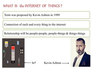 Term was proposed by Kevin Ashton in 1999
Connection of each and every thing to the internet
Relationship will be people-people, people-things & things-things
WHAT IS the INTERNET OF THINGS ?
Kevin AshtonIoT
 