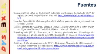Fuentes
Dislecan (2015). ¿Qué es la dislexia?, publicado en Dislecan. Consultado el 27 de
agosto de 2015. Disponible en línea en: http://www.dislecan.es/whatdislexia.h
tml
Hornsby, Bevé (2015). Guía completa de la dislexia para familiares y educadores.
México: Quarzo.
Matute, Esmeralda; Guajardo, Soledad (2012). Dislexia: definición e intervención
en hispanohablantes (2ª edición). México: Manual Moderno.
Psicodiagnosis (2015). Trastorno de la lectura, publicado en Psicodiagnosis.
Consulado el 25 de agosto de 2015. Disponible en línea en http://www.psico
diagnosis.es/areaclinica/trastornosenelambitoescolar/trastornosespecificosdela
prendizaje/
Gutiérrez, A. (14 de noviembre de 2012). Slideshare. Obtenido de Método gráfico
Singapur. Desarrollo de habilidades: http://www.slideshare.net/reyessgus68/m
etodo-singapore-habilidades-presentation
 