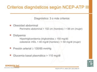 Criterios diagnósticos según NCEP-ATP III
Diagnóstico: 3 o más criterios
• Obesidad abdominal
Perímetro abdominal > 102 cm (hombre) / > 88 cm (mujer)
• Dislipemia
Hipertrigliceridemia (triglicéridos ≥ 150 mg/dl)
colesterol -HDL < 40 mg/dl (hombre) / < 50 mg/dl (mujer)
• Presión arterial ≥ 130/85 mmHg
• Glucemia basal plasmática > 110 mg/dl
NCEP-ATP III. JAMA 2001;285:2486-97
 