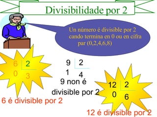 6 2 3 0 9 2 4 1 12 2 6 0 6 é divisible por 2 9 non é  divisible por 2 12 é divisible por 2 Divisibilidade por 2 Un número é divisible por 2 cando termina en 0 ou en cifra par (0,2,4,6,8) 