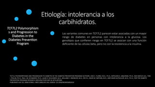 Etiología: intolerancia a los
carbihidratos.
TCF7L2 Polymorphism
s and Progression to
Diabetes in the
Diabetes Prevention
Program
TCF7L2 POLYMORPHISMS AND PROGRESSION TO DIABETES IN THE DIABETES PREVENTION PROGRAM AUTHORS: JOSE C. FLOREZ, M.D., PH.D., KATHLEEN A. JABLONSKI, PH.D., NICK BAYLEY, B.A., TONI
I. POLLIN, PH.D., PAUL I.W. DE BAKKER, PH.D., ALAN R. SHULDINER, M.D., WILLIAM C. KNOWLER, M.D., DR.P.H., DAVID M. NATHAN, M.D., AND DAVID ALTSHULER, M.D., PH.D., FOR THE DIABETES
PREVENTION PROGRAM RESEARCH GROUPAUTHOR INFO & AFFILIATIONS
PUBLISHED JULY 20, 2006 N ENGL J MED 2006;355:241-250DOI: 10.1056/NEJMOA062418
Las variantes comunes en TCF7L2 parecen estar asociadas con un mayor
riesgo de diabetes en personas con intolerancia a la glucosa. Los
genotipos que confieren riesgo en TCF7L2 se asocian con una función
deficiente de las células beta, pero no con la resistencia a la insulina.
 