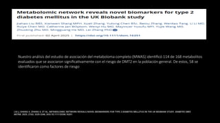 LIU J, SHANG X, ZHANG X, ET AL. METABOLOMIC NETWORK REVEALS NOVEL BIOMARKERS FOR TYPE 2 DIABETES MELLITUS IN THE UK BIOBANK STUDY. DIABETES OBES
METAB. 2025; 27(6): 3335-3346. DOI:10.1111/DOM.16351
Nuestro análisis del estudio de asociación del metaboloma completo (MWAS) identificó 114 de 168 metabolitos
evaluados que se asociaron significativamente con el riesgo de DMT2 en la población general. De estos, 58 se
identificaron como factores de riesgo
 