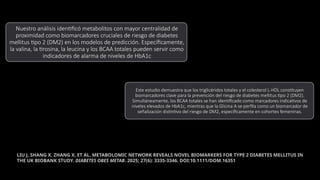 Este estudio demuestra que los triglicéridos totales y el colesterol L-HDL constituyen
biomarcadores clave para la prevención del riesgo de diabetes mellitus tipo 2 (DM2).
Simultáneamente, los BCAA totales se han identificado como marcadores indicativos de
niveles elevados de HbA1c, mientras que la Glicina A se perfila como un biomarcador de
señalización distintivo del riesgo de DM2, específicamente en cohortes femeninas.
Nuestro análisis identificó metabolitos con mayor centralidad de
proximidad como biomarcadores cruciales de riesgo de diabetes
mellitus tipo 2 (DM2) en los modelos de predicción. Específicamente,
la valina, la tirosina, la leucina y los BCAA totales pueden servir como
indicadores de alarma de niveles de HbA1c
LIU J, SHANG X, ZHANG X, ET AL. METABOLOMIC NETWORK REVEALS NOVEL BIOMARKERS FOR TYPE 2 DIABETES MELLITUS IN
THE UK BIOBANK STUDY. DIABETES OBES METAB. 2025; 27(6): 3335-3346. DOI:10.1111/DOM.16351
 