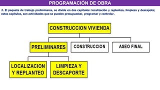 PROGRAMACIÓN DE OBRA
2. El paquete de trabajo preliminares, se divide en dos capítulos: localización y replanteo, limpieza y descapote;
estos capítulos, son actividades que se pueden presupuestar, programar y controlar.
 