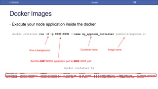 Docker Images
• Execute your node application inside the docker
docker container run –d –p 8080:8081 -–name my_appnode_container jadsonjs/appnode:v1
docker container ls
27/09/2021 Docker 33
Image name
Container name
Run in background
Bind the 8081 NODE application port to 8080 HOST port
 