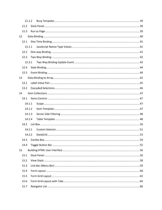 10.4 Function Reference.....................................................................................................................40
10.5 Object Literal...............................................................................................................................41
11 Creating an Application...................................................................................................................43
11.1 AtomApplication.........................................................................................................................43
11.1.1 Title .....................................................................................................................................43
11.1.2 Busy Template.....................................................................................................................44
11.2 Dock Panel...................................................................................................................................44
11.3 Run as Page.................................................................................................................................44
12 Data Binding....................................................................................................................................45
12.1 One Time Binding........................................................................................................................46
12.1.1 JavaScript Native Type Values.............................................................................................46
12.2 One way Binding .........................................................................................................................46
12.3 Two Way Binding ........................................................................................................................47
12.3.1 Two Way Binding Update Event .........................................................................................48
12.4 Style Binding................................................................................................................................49
12.5 Event Binding ..............................................................................................................................49
13 Data Binding to Array......................................................................................................................50
13.1 Label Value Pair...........................................................................................................................50
13.2 Cascaded Selections....................................................................................................................51
14 Item Collections ..............................................................................................................................52
14.1 Items Control ..............................................................................................................................52
14.1.1 Scope...................................................................................................................................52
14.1.2 Item Template.....................................................................................................................52
14.1.3 Server Side Filtering ............................................................................................................53
14.1.4 Table Template ...................................................................................................................53
14.2 List Box........................................................................................................................................55
14.2.1 Custom Selector..................................................................................................................56
14.2.2 DataGrid..............................................................................................................................58
14.3 Combo Box..................................................................................................................................59
14.4 Toggle Button Bar .......................................................................................................................62
15 Building HTML User Interface.........................................................................................................63
15.1 Dock Panel...................................................................................................................................63
15.2 View Stack...................................................................................................................................65
 