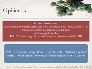 Opiáceos
1° línea: Dolor intenso
Estimulación receptores especíﬁcos de la mb celular (mu, kappa, delta) en las
zonas relacionadas a la transmisión del dolor
Rápidos y potentes EV
Bolo: Previene riesgo de depresión respiratoria e inestabilidad HD
RAM: - Depresión - Respiratoria - Estreñimiento - Nauseas y vómitos
Prurito - Bradicardia - Tolerancia - Dependencia física - Adicción
Breivik H et al. Survey of chronic pain in Europe: prevalence, impact on daily life, and treatment. Eur J Pain. 2006; 10: 287-333
 