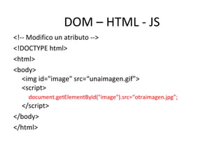 DOM – HTML - JS 
<!-- Modifico un atributo --> 
<!DOCTYPE html> 
<html> 
<body> 
<img id="image" src=“unaimagen.gif”> 
<script> 
document.getElementById("image").src=“otraimagen.jpg”; 
</script> 
</body> 
</html> 
 