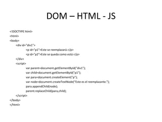 DOM – HTML - JS 
<!DOCTYPE html> 
<html> 
<body> 
<div id="div1"> 
<p id="p1">Este se reemplazará.</p> 
<p id="p2">Este se queda como está.</p> 
</div> 
<script> 
var parent=document.getElementById("div1"); 
var child=document.getElementById("p1"); 
var para=document.createElement("p"); 
var node=document.createTextNode(“Este es el reemplazante.”); 
para.appendChild(node); 
parent.replaceChild(para,child); 
</script> 
</body> 
</html> 
 