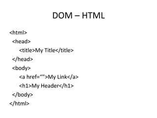 DOM – HTML 
<html> 
<head> 
<title>My Title</title> 
</head> 
<body> 
<a href=“”>My Link</a> 
<h1>My Header</h1> 
</body> 
</html> 
 