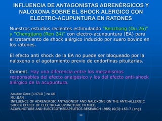 98
Nuestros estudios recientes estimulando "Renzhong (Du 26)“
y "Chengjjang (Ren 24)" con electro-acunpuntura (EA) para
el tratamiento de shock alérgico inducido por suero bovino en
los ratones.
El efecto anti shock de la EA no puede ser bloqueado por la
naloxona o el agotamiento previo de endorfinas pituitarias.
Coment. Hay una diferencia entre los mecanismos
responsables del efecto analgésico y los del efecto anti-shock
alérgico de la acupuntura.
Acudoc Gera [14710 ] ra /di
MU JIAN
INFLUENCE OF ADRENERGIC ANTAGONIST AND NALOXONE ON THE ANTI-ALLERGIC
SHOCK EFFECT OF ELECTRO-ACUPUNCTURE IN MICE.
ACUPUNCTURE AND ELECTROTHERAPEUTICS RESEARCH 1985;10(3):163-7 (eng)
INFLUENCIA DE ANTAGONISTAS ADRENÉRGICOS Y
NALOXONA SOBRE EL SHOCK ALERGICO CON
ELECTRO-ACUPUNTURA EN RATONES
 