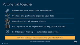 © 2019, Amazon Web Services, Inc. or its affiliates. All rights reserved.
@ziniman
Putting it all together
Understand your application requirements
Use tags and prefixes to organize your data
Optimize across all storage classes
Cost optimize on an object level (or tag, prefix, bucket)
S3 Intelligent-Tiering for automated cost savings
INT
S-
IA
Z-IA
Glacier
Std
AWS Cloud enables you to be more innovative, agile, and cost effective
 