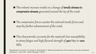 ■ This volume increase results in a change of tensile stresses to
compressive stresses generated around the tip of the crack.
■ The compressive forces counter the external tensile forces and
stop the further advancement of the crack.
■ This characteristic accounts for the material’s low susceptibility
to stress fatigue and high flexural strength of 900 Mpa to 1200
MPa.
60
Hauptmann H, Suttor D, Frank S, Hoescheler H. Material properties of all-ceramic zirconia prosthesis
[abstract]. J Dent Res. 2000;79(suppl 1):S507.
 