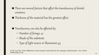 ■ There are several factors that affect the translucency of dental
ceramics.
■ Thickness of the material has the greatest effect.
■ Translucency can also be affected by:
– Number of firings, 41
– Shade of the substrate
– Type of light source or illuminant.43,
63
Yu B, Lee YK. Color difference of all-ceramic materials by the change of illuminants. Am J Dent.
2009;22(2):73-8.
 