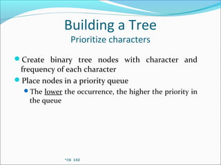 Building a Tree
Prioritize characters
Create binary tree nodes with character and
frequency of each character
Place nodes in a priority queue
The lower the occurrence, the higher the priority in
the queue
•CS 102
 