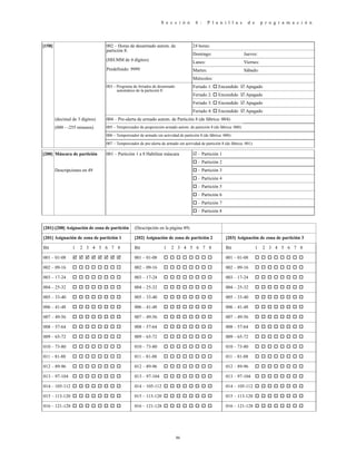 S e c c i ó n 6 : P l a n i l l a s d e p r o g r a m a c i ó n
86
[158] 002 – Horas de desarmado autom. de
partición 8:
(HH:MM de 4 dígitos)
Predefinido: 9999
24 horas:
Domingo: Jueves:
Lunes: Viernes:
Martes: Sábado:
Miércoles:
003 – Programa de feriados de desarmado
automático de la partición 8:
Feriado 1:  Encendido  Apagado
Feriado 2:  Encendido  Apagado
Feriado 3:  Encendido  Apagado
Feriado 4:  Encendido  Apagado
(decimal de 3 dígitos) 004 – Pre-alerta de armado autom. de Partición 8 (de fábrica: 004):
(000 - -255 minutos) 005 – Temporizador de posposición armado autom. de partición 8 (de fábrica: 000):
006 – Temporizador de armado sin actividad de partición 8 (de fábrica: 000):
007 – Temporizador de pre-alerta de armado sin actividad de partición 8 (de fábrica: 001):
[200] Máscara de partición 001 – Partición 1 a 8 Habilitar máscara  – Partición 1
 – Partición 2
Descripciones en 49  – Partición 3
 – Partición 4
 – Partición 5
 – Partición 6
 – Partición 7
 – Partición 8
[201]-[208] Asignación de zona de partición (Descripción en la página 49)
[201] Asignación de zona de partición 1 [202] Asignación de zona de partición 2 [203] Asignación de zona de partición 3
Bit 1 2 3 4 5 6 7 8 Bit 1 2 3 4 5 6 7 8 Bit 1 2 3 4 5 6 7 8
001 – 01-08         001 – 01-08         001 – 01-08        
002 – 09-16         002 – 09-16         002 – 09-16        
003 – 17-24         003 – 17-24         003 – 17-24        
004 – 25-32         004 – 25-32         004 – 25-32        
005 – 33-40         005 – 33-40         005 – 33-40        
006 – 41-48         006 – 41-48         006 – 41-48        
007 – 49-56         007 – 49-56         007 – 49-56        
008 – 57-64         008 – 57-64         008 – 57-64        
009 – 65-72         009 – 65-72         009 – 65-72        
010 – 73-80         010 – 73-80         010 – 73-80        
011 – 81-88         011 – 81-88         011 – 81-88        
012 – 89-96         012 – 89-96         012 – 89-96        
013 – 97-104         013 – 97-104         013 – 97-104        
014 – 105-112         014 – 105-112         014 – 105-112        
015 – 113-120         015 – 113-120         015 – 113-120        
016 – 121-128         016 – 121-128         016 – 121-128        
 