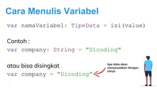 Cara Menulis Variabel
var namaVariabel: TipeData = isi(value)
Contoh :
var company: String = "Dicoding"
atau bisa disingkat
var company = "Dicoding"
tipe data akan
menyesuaikan dengan
isinya
 