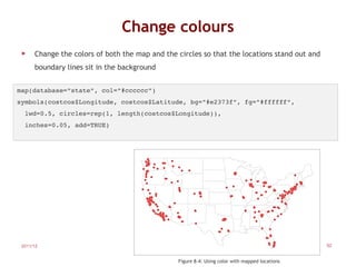 Change colours
 ►    Change the colors of both the map and the circles so that the locations stand out and
      boundary lines sit in the background


map(database="state", col="#cccccc")
symbols(costcos$Longitude, costcos$Latitude, bg="#e2373f", fg="#ffffff",
  lwd=0.5, circles=rep(1, length(costcos$Longitude)),
  inches=0.05, add=TRUE)




 2011/12                                                                                        92


                                                Figure 8-4: Using color with mapped locations
 