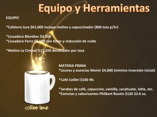 EQUIPO
*Cafetera Jura $61,000 incluye molino y capuccinador (800 tzas p/hr)
*Licuadora Blendtec $4,500
*Licuadora Ferro $6,500 con timer y reducción de ruido
*Molino La Cimbali $11,200 dosificador por taza
MATERIA PRIMA
*Licores y esencias Monin $4,000 (mínimo inversión inicial)
*Café Colibrí $100 4lt.
*Jarabes de café, capuccino, vainilla, cacahuate, latte, etc.
*Esencias y saborizantes Philbert Routin $120 23.6 oz.
 