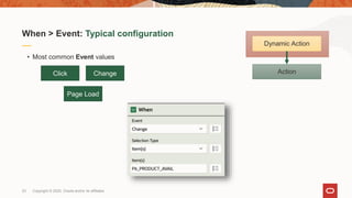 Copyright © 2020, Oracle and/or its affiliates23
• Most common Event values
When > Event: Typical configuration
Action
Dynamic Action
Click Change
Page Load
 