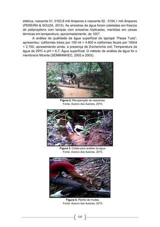 137
elétrica, nascente 01, 0163,8 mili Amperes e nascente 02, 0164,1 mili Amperes
(PEREIRA & SOUZA, 2015). As amostras de água foram coletadas em frascos
de polipropileno com tampas com amostras triplicadas, mantidas em caixas
térmicas em temperatura, aproximadamente, de 10Cº.
A análise da qualidade da água superficial do Igarapé “Passa Tudo”,
apresentou: coliformes totais por 100 ml = 4.800 e coliformes fecais por 100ml
= 2.700, apresentando ainda, a presença de Escherichia coli; Temperatura da
água de 29ºC e pH = 6,7; Água superficial. O método de análise da água foi o
membrana filtrante (SEMMAM/IEC, 2002 e 2003).
Figura 2. Recuperação de nascentes.
Fonte: Acervo dos Autores, 2015.
Figura 3. Coleta para análise da água.
Fonte: Acervo dos Autores, 2015.
Figura 4. Plantio de mudas.
Fonte: Acervo dos Autores, 2015.
 