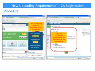 ‘New Uploading Requirements’ – CA Registration
Procedure

Click on following
option for
registering as tax
professional
Click on
“Chartered
Accountants” for
registering as tax
professional

 