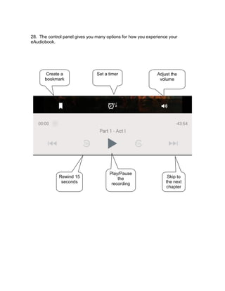 28. The control panel gives you many options for how you experience your
eAudiobook.
Set a timerCreate a
bookmark
Adjust the
volume
Rewind 15
seconds
Play/Pause
the
recording
Skip to
the next
chapter
 