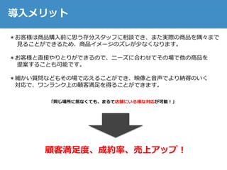 導入メリット
＊お客様は商品購入前に思う存分スタッフに相談でき、また実際の商品を隅々まで
見ることができるため、商品イメージのズレが少なくなります。
＊お客様と直接やりとりができるので、ニーズに合わせてその場で他の商品を
提案することも可能です。
＊細かい質問などもその場で応えることができ、映像と音声でより納得のいく
対応で、ワンランク上の顧客満足を得ることができます。
「同じ場所に居なくても、まるで店舗にいる様な対応が可能！」
顧客満足度、成約率、売上アップ！
 