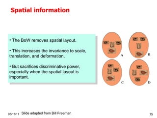 Spatial information 05/13/11 The BoW removes spatial layout. This  increases the invariance to scale, translation, and deformation, B ut sacrifices discriminative power, especially when the spatial layout is important . Slide adapted from Bill Freeman 
