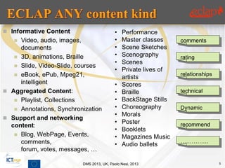  Informative Content
 Video, audio, images,
documents
 3D, animations, Braille
 Slide, Video-Slide, courses
 eBook, ePub, Mpeg21,
intelligent
 Aggregated Content:
 Playlist, Collections
 Annotations, Synchronization
 Support and networking
content:
 Blog, WebPage, Events,
comments,
forum, votes, messages, …
5DMS 2013, UK, Paolo Nesi, 2013
comments
rating
relationships
technical
Dynamic
recommend
……………
• Performance
• Master classes
• Scene Sketches
• Scenography
• Scenes
• Private lives of
artists
• Scores
• Braille
• BackStage Stills
• Choreography
• Morals
• Poster
• Booklets
• Magazines Music
• Audio ballets
 