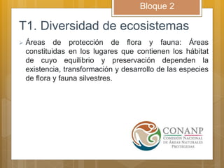 T1. Diversidad de ecosistemas
 Áreas de protección de flora y fauna: Áreas
constituidas en los lugares que contienen los hábitat
de cuyo equilibrio y preservación dependen la
existencia, transformación y desarrollo de las especies
de flora y fauna silvestres.
Bloque 2
 