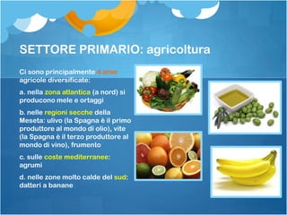 SETTORE PRIMARIO: agricoltura
Ci sono principalmente 4 aree
agricole diversificate:
a. nella zona atlantica (a nord) si
producono mele e ortaggi
b. nelle regioni secche della
Meseta: ulivo (la Spagna è il primo
produttore al mondo di olio), vite
(la Spagna è il terzo produttore al
mondo di vino), frumento
c. sulle coste mediterranee:
agrumi
d. nelle zone molto calde del sud:
datteri a banane
 