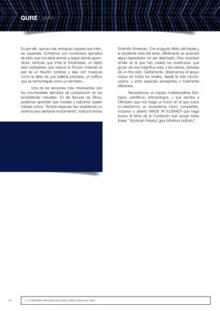 54 7~7. ECOSISTEMA OPEN MADE IN EUSKADI. JORGE GARCIA DEL ARCO
Es por ello, que es más ventajoso copiarla que inten-
tar superarla. Contamos con numerosos ejemplos
de éxito que nos debe animar a seguir siendo apren-
dices: Vehículo que imita la fotosíntesis; un tejido
para bañadores que reduce la fricción imitando la
piel de un tiburón; turbinas y alas con muescas
como la aleta de una ballena jorobada; un edificio
que se termorregula como un termitero...
Una de las lecciones más interesantes son
los innumerables ejemplos de cooperación en los
ecosistemas naturales. En las llanuras de África,
podemos aprender que impalas y babuinos suelen
trabajar juntos. “Ambas especies han establecido un
sistema para alertarse mutuamente”, indica la revista
Scientific American. Con el agudo olfato del impala y
la excelente vista del simio, difícilmente se acercará
algún depredador sin ser detectado. Otra sociedad
similar es la que han creado los avestruces, que
gozan de una magnífica vista, y las cebras, dotadas
de un fino oído. Ciertamente, observamos el apoyo
mutuo en todos los niveles, desde la vida micros-
cópica, y entre especies semejantes o totalmente
diferentes.
Necesitamos un equipo multidisciplinar (bió-
logos, científicos, antropólogos,...) que escriba a
Olentzero que nos traiga un futuro en el que todos
co-diseñemos un ecosistema futuro compartido,
inclusivo y abierto MADE IN EUSKADI que haga
bueno el lema de la Fundación que acoge estas
líneas: “Atzokoan finkatuz gaur biharkoa bultzatu”.
 