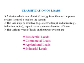 CLASSIFICATION OF LOADS
Residential Loads
Commercial Loads
Agricultural Loads
Industrial Loads
A device which taps electrical energy from the electric power
system is called a load on the system.
The load may be resistive (e.g., electric lamp), inductive (e.g.,
induction motor), capacitive or some combination of them.
The various types of loads on the power system are
 