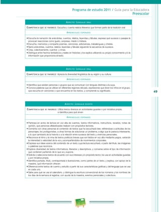 49
Programa de estudio 2011 / Guía para la Educadora
Preescolar
Aspecto: Lenguaje oral
Competencia que se favorece: Escucha y cuenta relatos literarios que forman parte de la tradición oral
Aprendizajes esperados
•	Escucha la narración de anécdotas, cuentos, relatos, leyendas y fábulas; expresa qué sucesos o pasajes le
provocan reacciones como gusto, sorpresa, miedo o tristeza.
•	Escucha, memoriza y comparte poemas, canciones, adivinanzas, trabalenguas y chistes.
•	Narra anécdotas, cuentos, relatos, leyendas y fábulas siguiendo la secuencia de sucesos.
•	Crea, colectivamente, cuentos y rimas.
•	Distingue entre hechos fantásticos y reales en historias y los explica utilizando su propio conocimiento y/o la
información que proporciona el texto.
Aspecto: Lenguaje oral
Competencia que se favorece: Aprecia la diversidad lingüística de su región y su cultura
Aprendizajes esperados
•	Identifica que existen personas o grupos que se comunican con lenguas distintas a la suya.
•	Conoce palabras que se utilizan en diferentes regiones del país, expresiones que dicen los niños en el grupo,
que escucha en canciones o que encuentra en los textos, y comprende su significado.
Aspecto: Lenguaje escrito
Competencia que se favorece: Utiliza textos diversos en actividades guiadas o por iniciativa propia,
e identifica para qué sirven
Aprendizajes esperados
•	Participa en actos de lectura en voz alta de cuentos, textos informativos, instructivos, recados, notas de
opinión, que personas alfabetizadas realizan con propósitos lectores.
•	Comenta con otras personas el contenido de textos que ha escuchado leer, refiriéndose a actitudes de los
personajes, los protagonistas, a otras formas de solucionar un problema, a algo que le parezca interesante,
a lo que cambiaría de la historia o a la relación entre sucesos del texto y vivencias personales.
•	Reconoce el ritmo y la rima de textos poéticos breves que son leídos en voz alta mediante juegos, variando
la inten­sidad o velocidad de la voz y acompañándolos de movimientos corporales.
•	Expresa sus ideas acerca del contenido de un texto cuya lectura escuchará, a partir del título, las imágenes
o palabras que reconoce.
•	Explora diversidad de textos informativos, literarios y descriptivos, y conversa sobre el tipo de información
que contienen partiendo de lo que ve y supone.
•	Solicita o selecciona textos de acuerdo con sus intereses y/o propósito lector, los usa en actividades guiadas
y por iniciativa propia.
•	Identifica portada, título, contraportada e ilustraciones, como partes de un texto, y explica, con apoyo de la
maestra, qué información ofrecen.
•	Diferencia entre textos de cuento y estudio a partir de sus características gráficas y del lenguaje que se usa
en cada uno.
•	Sabe para qué se usa el calendario, y distingue la escritura convencional de los números y los nombres de
los días de la semana al registrar, con ayuda de la maestra, eventos personales y colectivos.
 