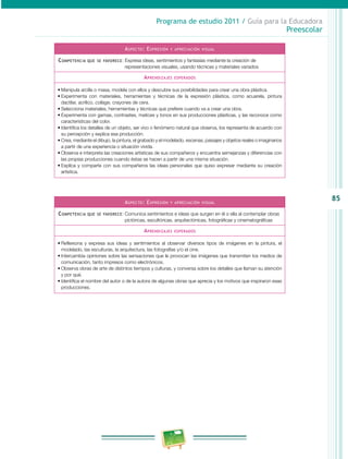 85
Programa de estudio 2011 / Guía para la Educadora
Preescolar
Aspecto: Expresión y apreciación visual
Competencia que se favorece: Expresa ideas, sentimientos y fantasías mediante la creación de
representaciones visuales, usando técnicas y materiales variados
Aprendizajes esperados
•	Manipula arcilla o masa, modela con ellos y descubre sus posibilidades para crear una obra plástica.
•	Experimenta con materiales, herramientas y técnicas de la expresión plástica, como acuarela, pintura
dactilar, acrílico, collage, crayones de cera.
•	Selecciona materiales, herramientas y técnicas que prefiere cuando va a crear una obra.
•	Experimenta con gamas, contrastes, matices y tonos en sus producciones plásticas, y las reconoce como
características del color.
•	Identifica los detalles de un objeto, ser vivo o fenómeno natural que observa, los representa de acuerdo con
su percepción y explica esa producción.
•	Crea, mediante el dibujo, la pintura, el grabado y el modelado, escenas, paisajes y objetos reales o imaginarios
a partir de una experiencia o situación vivida.
•	Observa e interpreta las creaciones artísticas de sus compañeros y encuentra semejanzas y diferencias con
las propias producciones cuando éstas se hacen a partir de una misma situación.
•	Explica y comparte con sus compañeros las ideas personales que quiso expresar mediante su creación
artística.
Aspecto: Expresión y apreciación visual
Competencia que se favorece: Comunica sentimientos e ideas que surgen en él o ella al contemplar obras
pictóricas, escultóricas, arquitectónicas, fotográficas y cinematográficas
Aprendizajes esperados
•	Reflexiona y expresa sus ideas y sentimientos al observar diversos tipos de imágenes en la pintura, el
modelado, las esculturas, la arquitectura, las fotografías y/o el cine.
•	Intercambia opiniones sobre las sensaciones que le provocan las imágenes que transmiten los medios de
comunicación, tanto impresos como electrónicos.
•	Observa obras de arte de distintos tiempos y culturas, y conversa sobre los detalles que llaman su atención
y por qué.
•	Identifica el nombre del autor o de la autora de algunas obras que aprecia y los motivos que inspiraron esas
producciones.
 