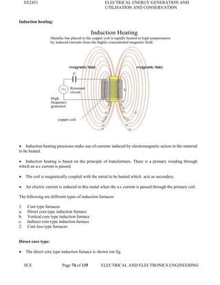 EE2451 ELECTRICAL ENERGY GENERATION AND
UTILISATION AND CONSERVATION
SCE Page 74 of 135 ELECTRICAL AND ELECTRONICS ENGINEERING
Induction heating:
Induction heating processes make use of currents induced by electromagnetic action in the material
to be heated.
Induction heating is based on the principle of transformers. There is a primary winding through
which an a.c current is passed.
The coil is magnetically coupled with the metal to be heated which acts as secondary.
An electric current is induced in this metal when the a.c current is passed through the primary coil.
The following are different types of induction furnaces
1. Core type furnaces
a. Direct core type induction furnace
b. Vertical core type induction furnace
c. Indirect core type induction furnace
2. Core less type furnaces
Direct core type:
The direct core type induction furnace is shown ion fig.
 