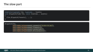 12.04.2019 Effective replacement of dynamic polymorphism with std::variant
file:///C:/repos/cppTrainings/build/out/polymorphism_with_variant/polymorphism_with_variant.html#108 67/108
template<typename Fsm, typename... Events>
void dispatch(Fsm& fsm, const Events&... events)
{
(fsm.dispatch(*events), ...);
}
dispatch(fsm,
std::make_unique<event_connect>("train-it.eu"),
std::make_unique<event_timeout>(),
std::make_unique<event_connected>(),
std::make_unique<event_disconnect>());
ACCU 2019 | E ective replacement of dynamic polymorphism with std::variant
The slow part
35
 