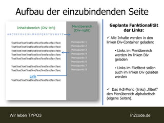 Aufbau der einzubindenden SeiteGeplante Funktionalität der Links: Alle Inhalte werden in den linken Div-Container geladen: