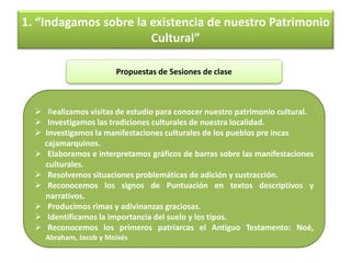 1. “Indagamos sobre la existencia de nuestro Patrimonio
Cultural”
Propuestas de Sesiones de clase
 Realizamos visitas de estudio para conocer nuestro patrimonio cultural.
 Investigamos las tradiciones culturales de nuestra localidad.
 Investigamos la manifestaciones culturales de los pueblos pre incas
cajamarquinos.
 Elaboramos e interpretamos gráficos de barras sobre las manifestaciones
culturales.
 Resolvemos situaciones problemáticas de adición y sustracción.
 Reconocemos los signos de Puntuación en textos descriptivos y
narrativos.
 Producimos rimas y adivinanzas graciosas.
 Identificamos la importancia del suelo y los tipos.
 Reconocemos los primeros patriarcas el Antiguo Testamento: Noé,
Abraham, Jacob y Moisés
 