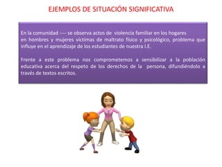 EJEMPLOS DE SITUACIÓN SIGNIFICATIVA
En la comunidad ---- se observa actos de violencia familiar en los hogares
en hombres y mujeres víctimas de maltrato físico y psicológico, problema que
influye en el aprendizaje de los estudiantes de nuestra I.E.
Frente a este problema nos comprometemos a sensibilizar a la población
educativa acerca del respeto de los derechos de la persona, difundiéndolo a
través de textos escritos.
 