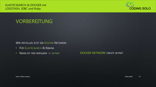 VORBEREITUNG
WIR ERSTELLEN JETZT EIN DOCKER NETZWERK
• FÜR ELASTICSEARCH & KIBANA
• NAME IST FREI WÄHLBAR -> SKYNET
ELASTICSEARCH & DOCKER mit
LOGSTASH, JDBC und Ruby
26.04.2020Autor: Dieter Schanz 13
DOCKER NETWORK CREATE SKYNET
 