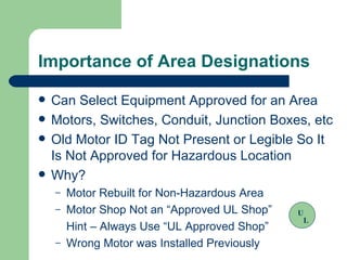 Importance of Area Designations Can Select Equipment Approved for an Area Motors, Switches, Conduit, Junction Boxes, etc Old Motor ID Tag Not Present or Legible So It Is Not Approved for Hazardous Location Why? Motor Rebuilt for Non-Hazardous Area Motor Shop Not an “Approved UL Shop” Hint – Always Use “UL Approved Shop” Wrong Motor was Installed Previously U L 