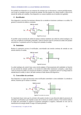 TEMA 0: INTRODUCCIÓN A LA ELECTRÓNICA DE POTENCIA
© Universidad de Jaén; J. D. Aguilar; M. Olid 10
En realidad este dispositivo es un contactor de corriente que se desconecta y conecta periódicamente,
con lo que se consigue trocear la tensión de entrada. De esta manera, los valores medio y eficaz de la
tensión de salida son variables. Este dispositivo se conoce también con el nombre de regulador.
C. Rectificador
Este dispositivo convierte las tensiones alternas de su entrada en tensiones continuas a su salida. En
general, la tensión de salida es constante.
Fig 0.9 Rectificador
Es posible variar la tensión de salida de manera continua mediante una señal de control analógica. En
este caso se habla de rectificador controlado. Tanto la tensión como la corriente de salida sólo pueden
ser positivas. La potencia activa P se dirige de la entrada a la salida.
D. Ondulador
Realiza la operación inversa al rectificador, convirtiendo una tensión continua de entrada en una
tensión alterna a la salida.
Fig 0.10 Ondulador
La señal analógica de control tiene como misión adaptar el funcionamiento del ondulador en función
de una tensión de entrada variable, si la tensión de salida debe mantenerse constante, o para hacer
variar la tensión de salida si la tensión de entrada es constante. La potencia activa P se dirige desde la
entrada hacia la salida, es decir, del lado continuo al lado alterno del dispositivo.
E. Convertidor de corriente
Este dispositivo es capaz de funcionar como rectificador controlado o como ondulador. La entrada es
alterna, mientras que la salida es continua.
Fig 0.11 Convertidor de corriente
Es importante hacer notar que la corriente sólo puede circular en una dirección dada la presencia de
elementos rectificadores que impiden el paso de la misma en sentido contrario. Si la tensión media a
la salida del convertidor es negativa la potencia entregada es negativa, indicando en este caso la
transferencia de energía desde la carga a la fuente primaria
 