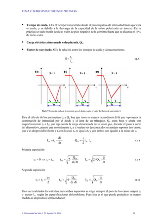 TEMA 2: SEMICONDUCTORES DE POTENCIA
© Universidad de Jaén; J. D. Aguilar; M. Olid 6
Tiempo de caída, tf Es el tiempo transcurrido desde el pico negativo de intensidad hasta que ésta
se anula, y es debido a la descarga de la capacidad de la unión polarizada en inverso. En la
práctica se suele medir desde el valor de pico negativo de la corriente hasta que se alcanza el 10%
de dicho valor.
Carga eléctrica almacenada o desplazada, Qrr
Factor de suavizado, S Es la relación entre los tiempos de caída y almacenamiento.
s
f
t
t
S = E2. 7
Fig 2. 9 Forma de onda de la corriente por el diodo, según el valor del factor de suavizado, S
Para el cálculo de los parámetros Irr y Qrr hay que tener en cuenta la pendiente di/dt que representa la
disminución de intensidad por el diodo y el área de un triangulo, Qrr cuya base y altura son
respectivamente trr e Irr, que representa la carga almacenada en la unión p-n, durante el paso a corte
del dispositivo, puesto que normalmente ts y tf suelen ser desconocidos se pueden suponer dos casos;
que tf es despreciable frente a ts con lo cual trr es igual a ts y que ambos son iguales a la mitad de trr
rrrrrrsrr I.t
2
1
Q
dt
di
tI =⋅= E 2. 8
Primera suposición
dt
di
Q2I
dtdi
Q
2ttt0t rrrr
rr
rrrrsf ⋅⋅=⋅==⇒= E 2. 9
Segunda suposición
dt
di
QI
dtdi
Q
4t
2
trr
tt rrrr
rr
rrfs ⋅=⋅=== E2.10
Una vez realizados los cálculos para ambos supuestos se elige siempre el peor de los casos: mayor trr
o mayor Irr según las especificaciones del problema. Pues éste es el que puede perjudicar en mayor
medida al dispositivo semiconductor.
 