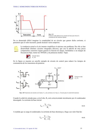TEMA 2: SEMICONDUCTORES DE POTENCIA
© Universidad de Jaén; J. D. Aguilar; M. Olid 19
Fig 2. 19
Forma de onda idónea de la corriente de base para forzar la
conmutación del transistor bipolar.
No es demasiado difícil imaginar la complejidad de un circuito que genere dicha corriente, si
pensamos que el valor necesario, puede alcanzar varios amperios.
La tendencia actual es la de intentar simplificar al máximo este problema. Por ello se han
desarrollado distintos circuitos integrados (drivers), que con la adición de muy pocos
componentes exteriores logran generar la función de ataque, limitándose a un margen de
frecuencias bajo, menor de 100 KHz y de potencias medias / bajas.
Circuito típico
[2_14]
En la figura se muestra un sencillo ejemplo de circuito de control para reducir los tiempos de
conmutación de los transistores de potencia.
Forma de onda
[2_15]
Fig 2. 20 Transitorios de tensión en la fuente, Ve y de corriente en la base, Ib Circuito para el control del transistor.
Cuando la señal de entrada pasa a nivel alto, R2 está cortocircuitada inicialmente por el condensador
descargado. La corriente de base inicial:
1
BEi
B1
R
vV
I
−
= E2.31
A medida que se carga el condensador, la corriente de base disminuye y llega a un valor final de:
21
BEi
B2
R
vV
I
R+
−
= E2.32
IBmáx
IBmin
IB
Ve
-Ve
tt1 t2
t
 